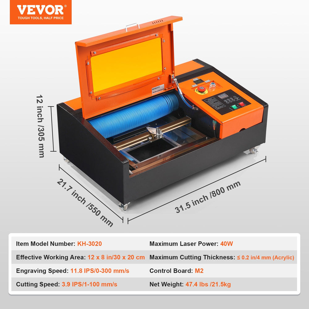 Vevor Laser Engraver 40W Desktop CO2 Laser Cutter Water-Cooled Tube 12" x 8" 11.8 IPS New