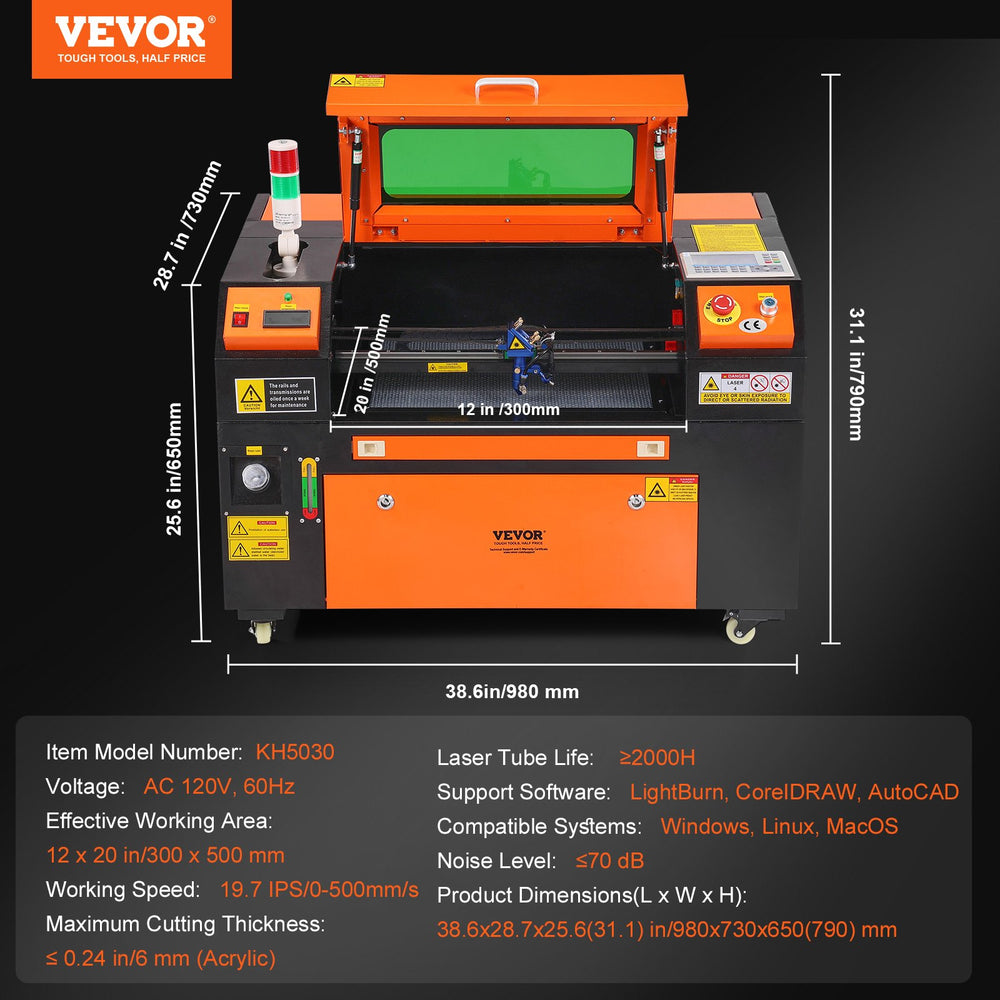 Vevor Laser Engraver 50W CO2 19.7 IPS Laser Cutter Machine with 2-way Pass Air Assist New