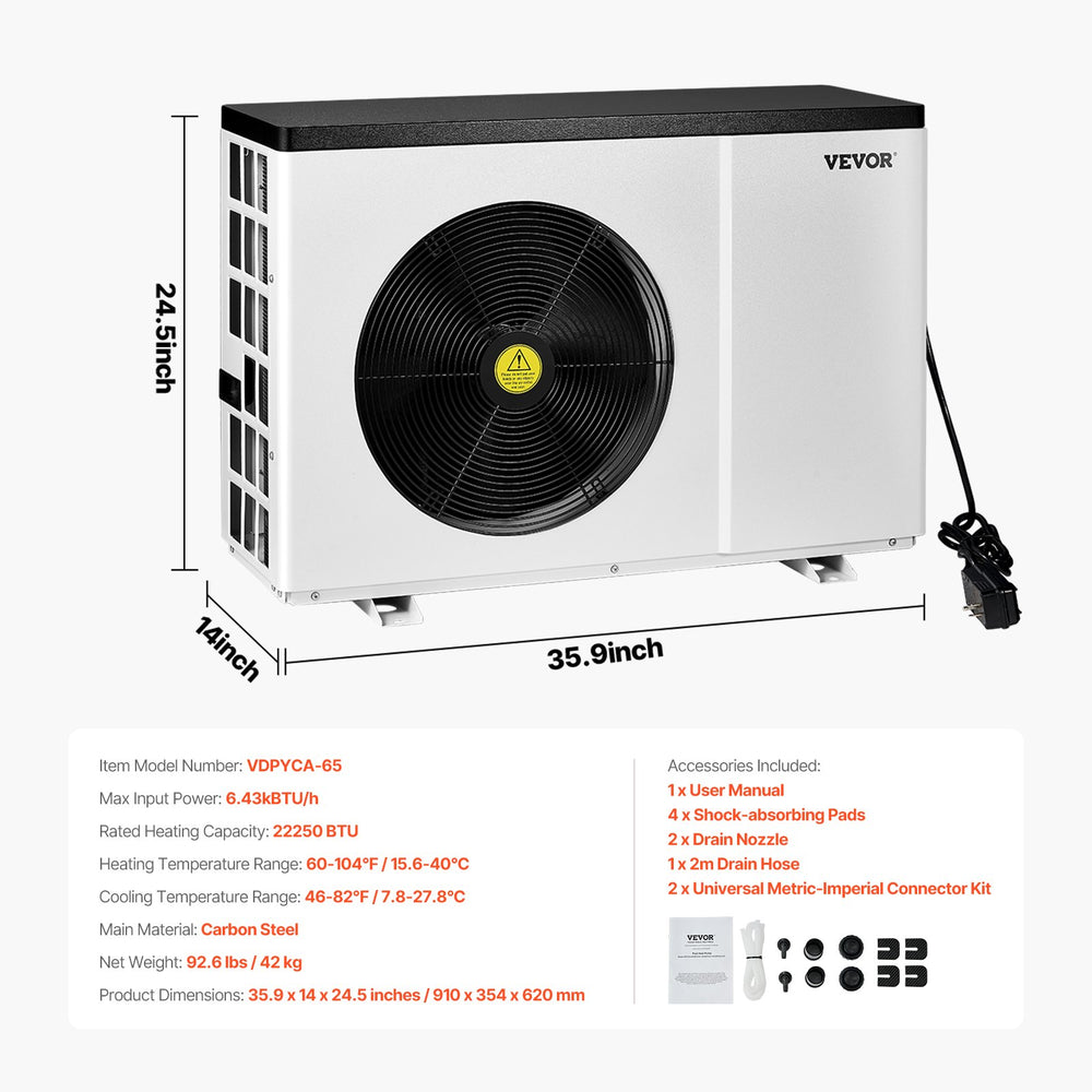 Vevor Electric Pool Heat Pump 22,250 BTU for Above/In-Ground Pools New