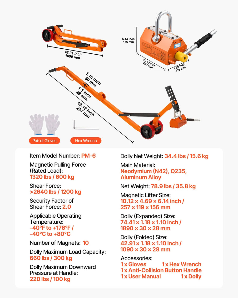 Vevor Magnetic Lid Lifter Dolly 1320 lbs Capacity with Adjustable Handle New