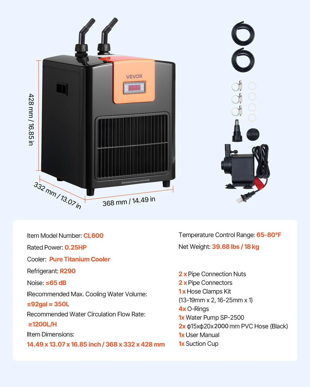 Vevor Aquarium Water Chiller 92 Gallon 1/4 HP Adjustable Temperature New