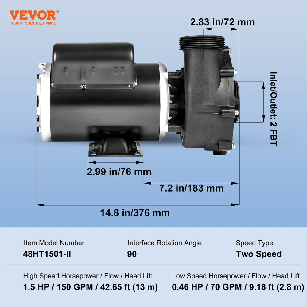 Vevor Spa Pump Dual Speed 1.5HP/150GPM or 0.46HP/70GPM 48-Frame AC 110-120V New