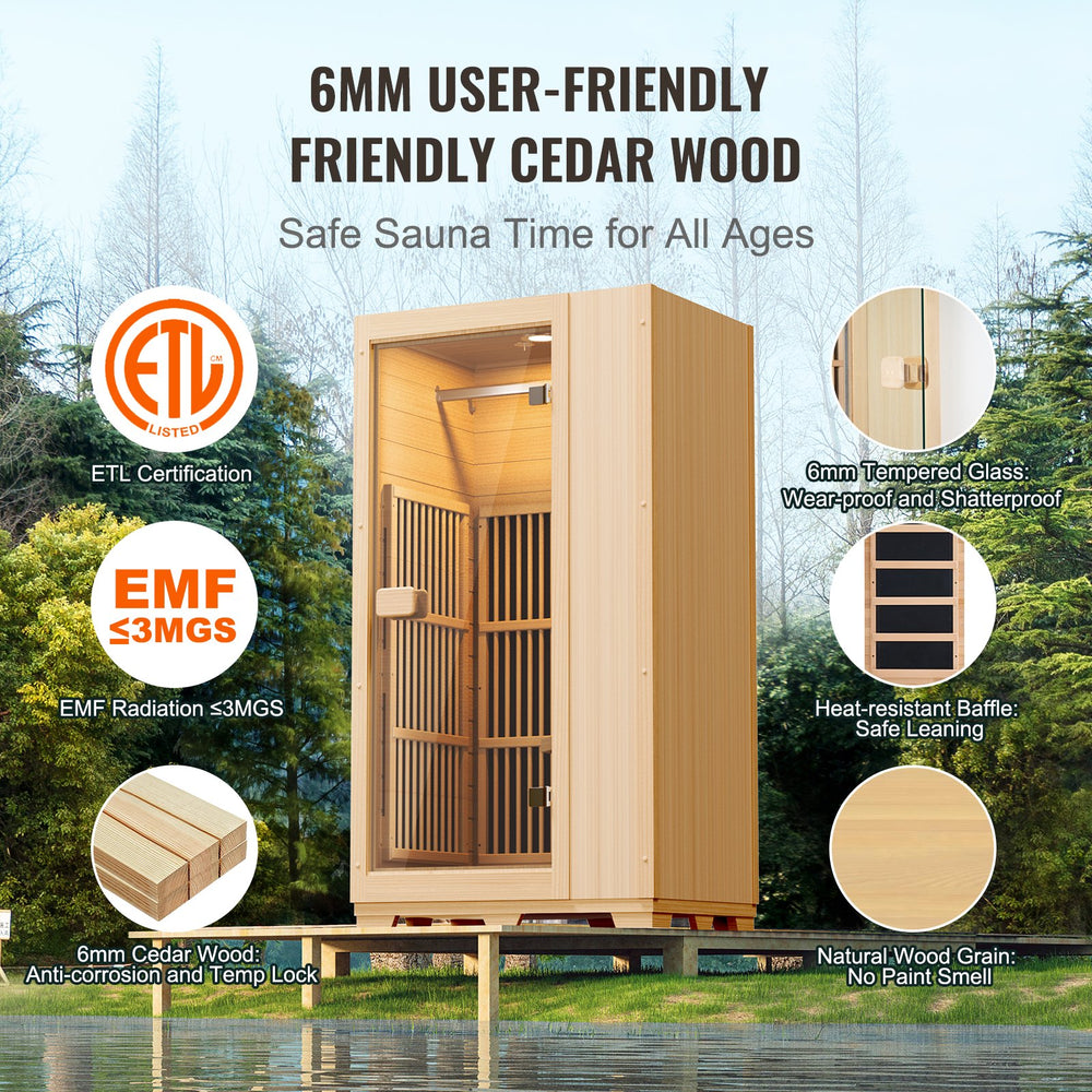 Vevor Wooden Sauna for One Person Low EMF Far Infrared Therapy 1140W New