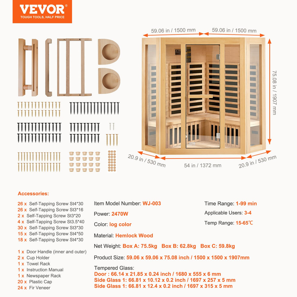 Vevor Far Infrared Wooden Sauna Home Spa for 3-4 People 2470W New