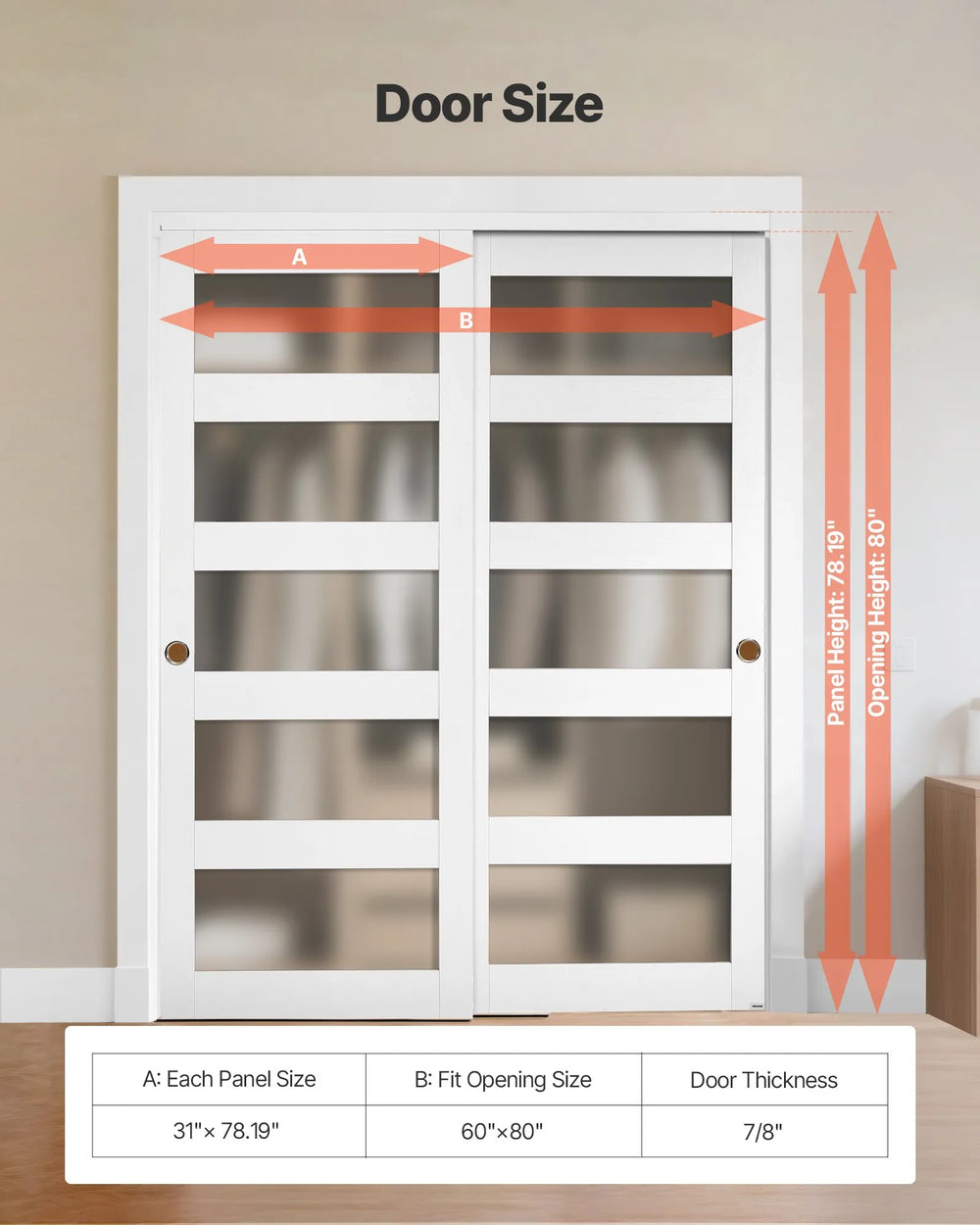 Vevor Sliding Double Doors 60 x 80 in. 5-Lite Frosted Glass with Hardware Kit New