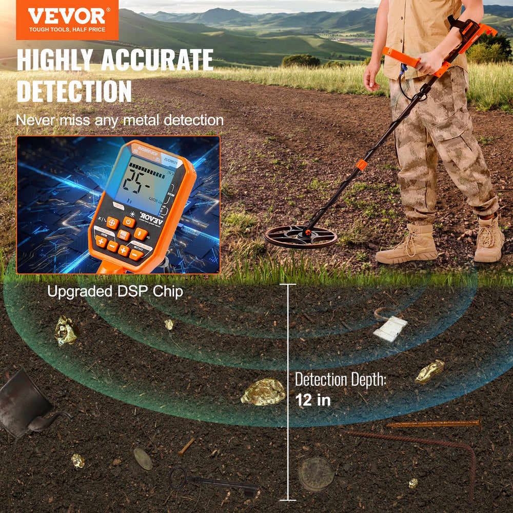 Vevor Waterproof Metal Detector 12" Coil with LCD 7 Modes and Bluetooth Headset New