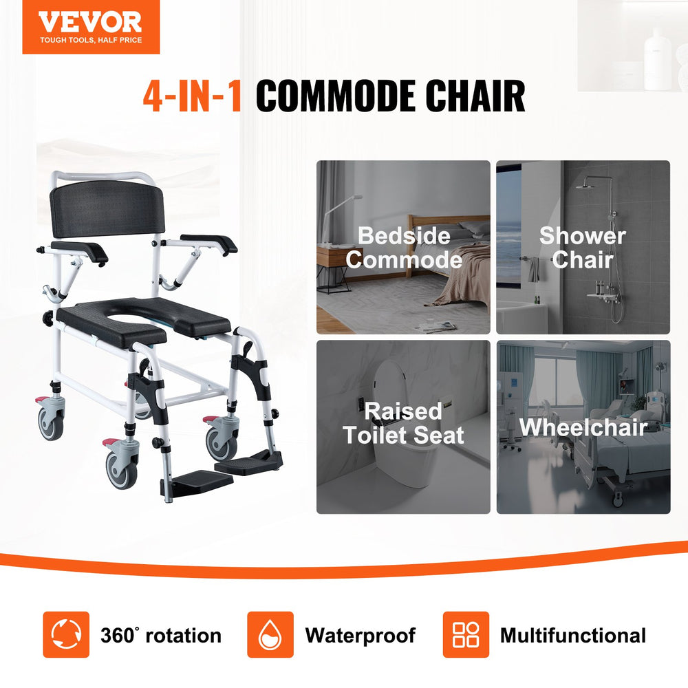 Vevor Shower Commode Wheelchair w/ Locking Wheels Adjustable Height 350 Lbs Capacity New