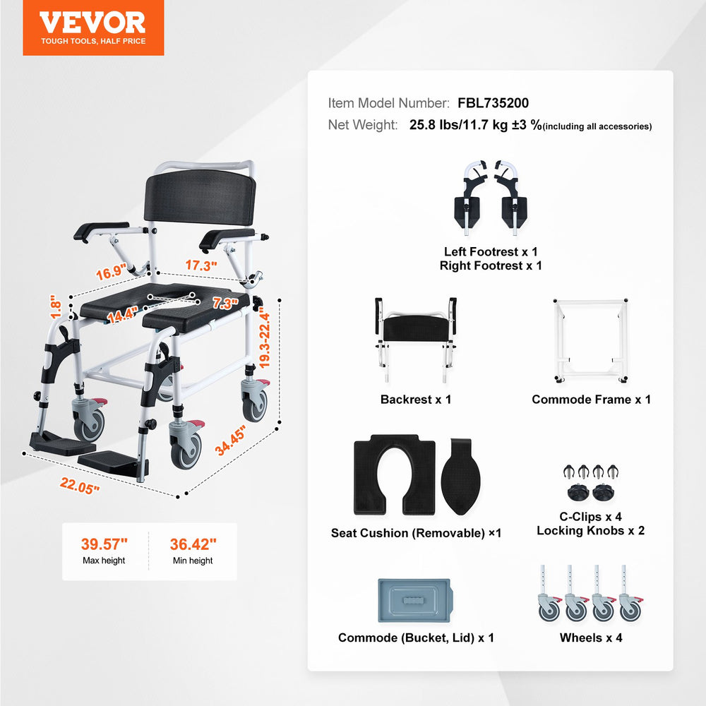 Vevor Shower Commode Wheelchair w/ Locking Wheels Adjustable Height 350 Lbs Capacity New