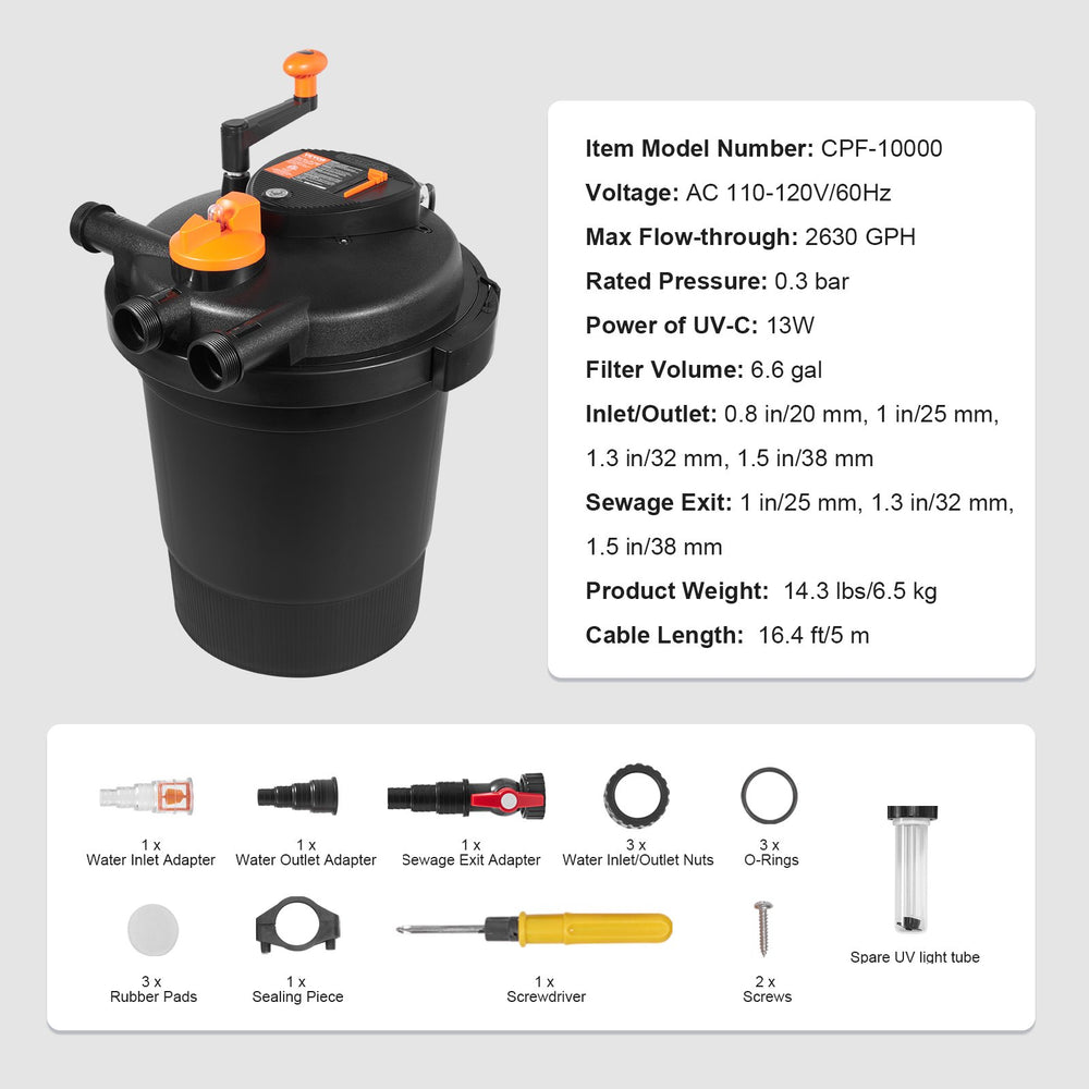 Vevor Bio Pressure Pond Filter with 13W UV-C Light 3200 Gal. Capacity 2630 GPH New