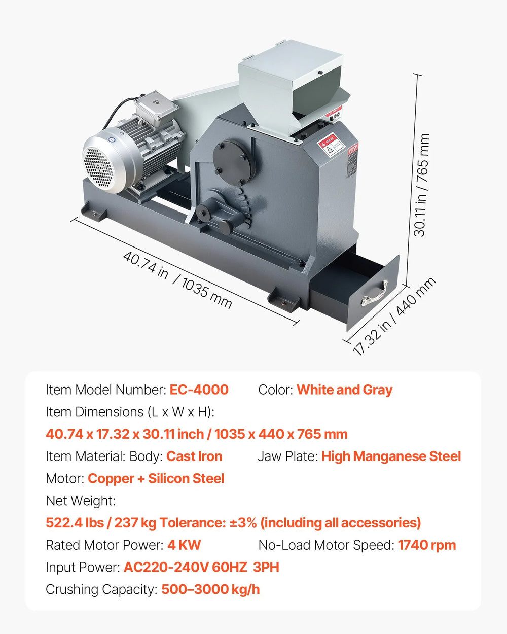 Vevor Rock Crusher High Power 500-3000 kg/h 1740 RPM 4000W 220V New