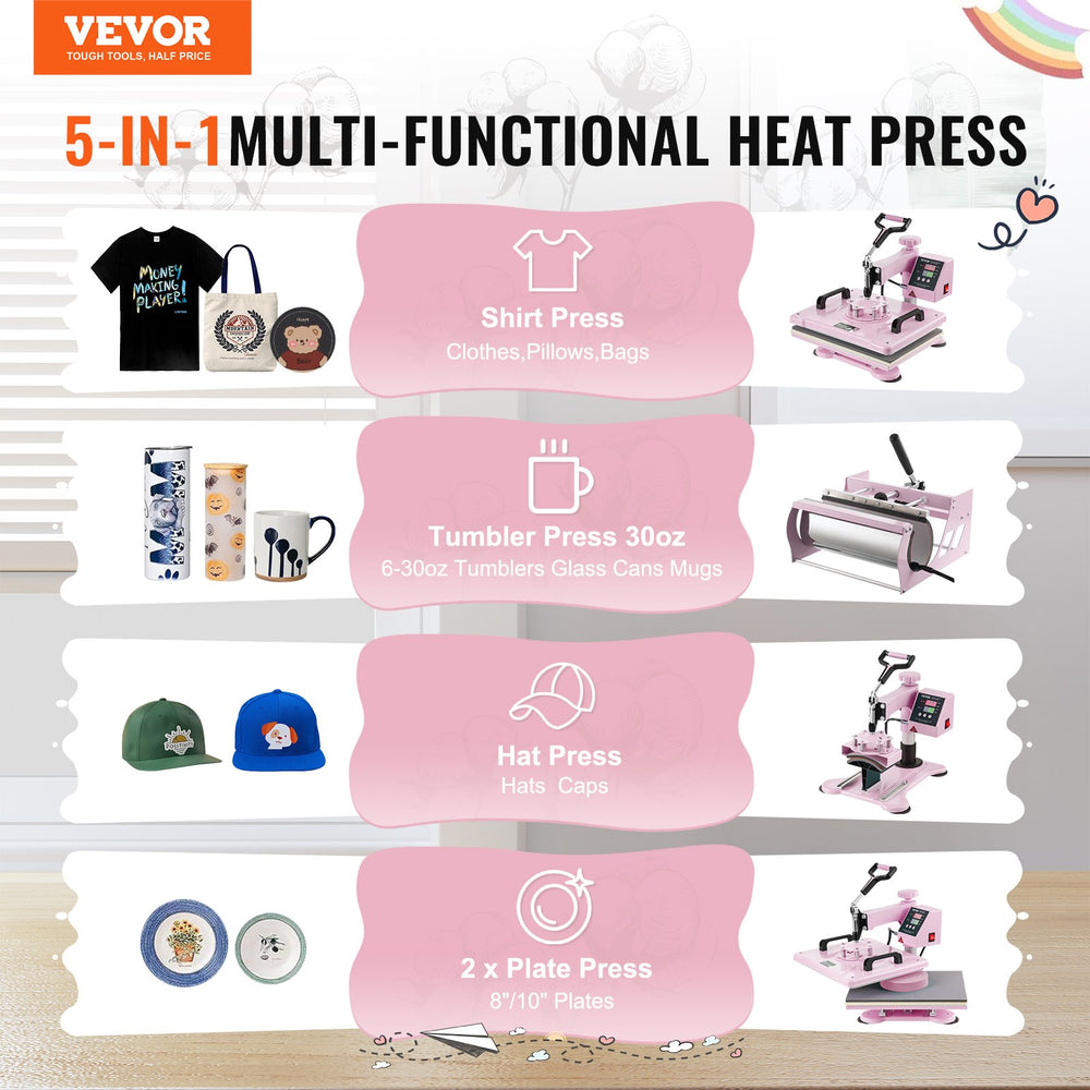 Vevor Heat Press 5-in-1 Machine 12" x 15" with 30oz Tumbler Press Pink New