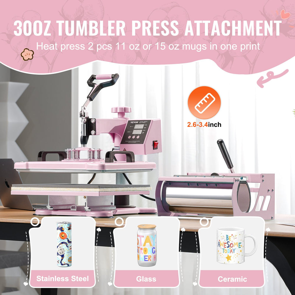 Vevor Heat Press 5-in-1 Machine 12" x 15" with 30oz Tumbler Press Pink New