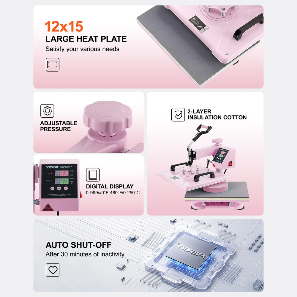 Vevor Heat Press 5-in-1 Machine 12" x 15" with 30oz Tumbler Press Pink New