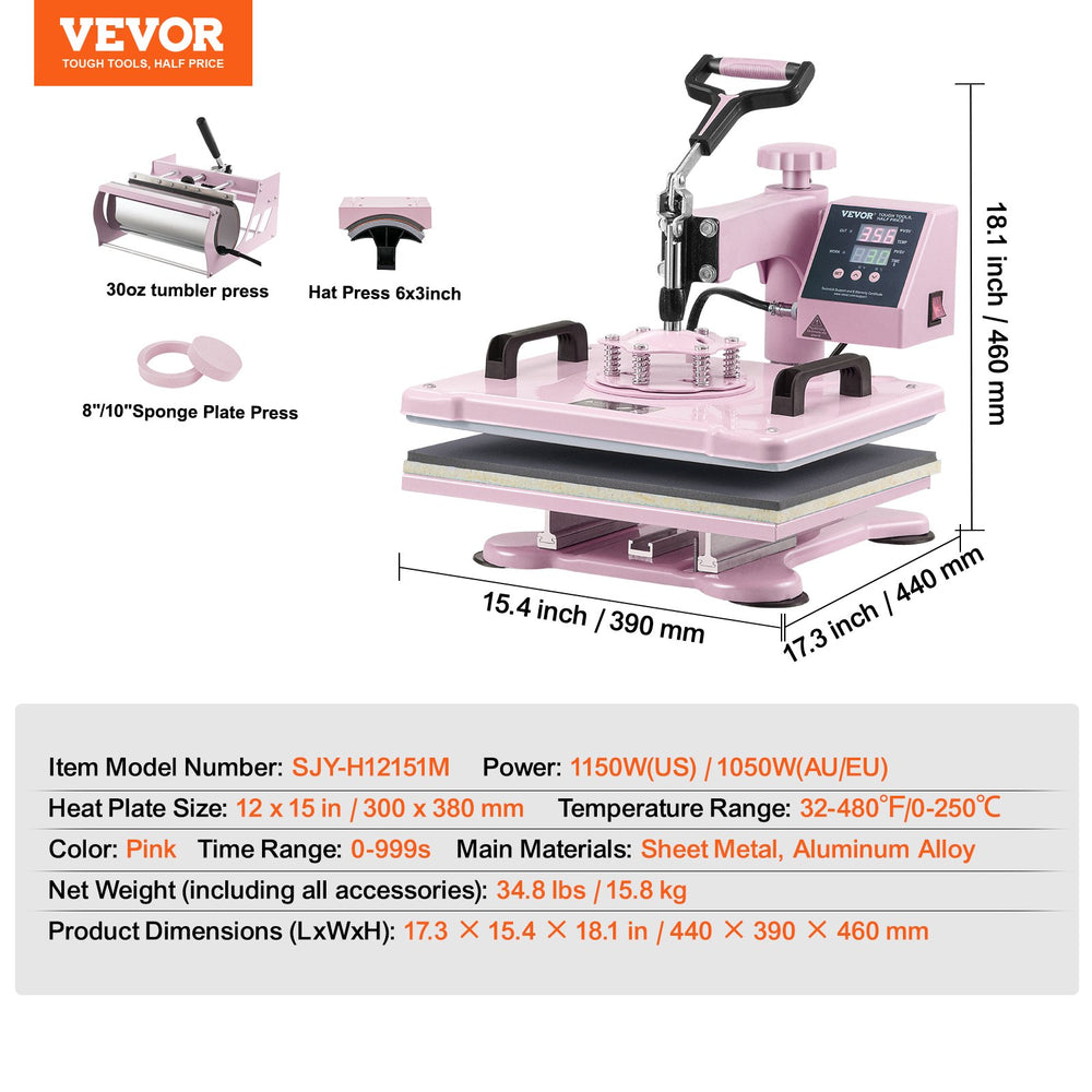 Vevor Heat Press 5-in-1 Machine 12" x 15" with 30oz Tumbler Press Pink New