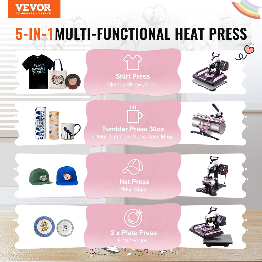 Vevor Heat Press 5-in-1 Machine 12" x 15" with 30oz Tumbler Press Black/Pink New