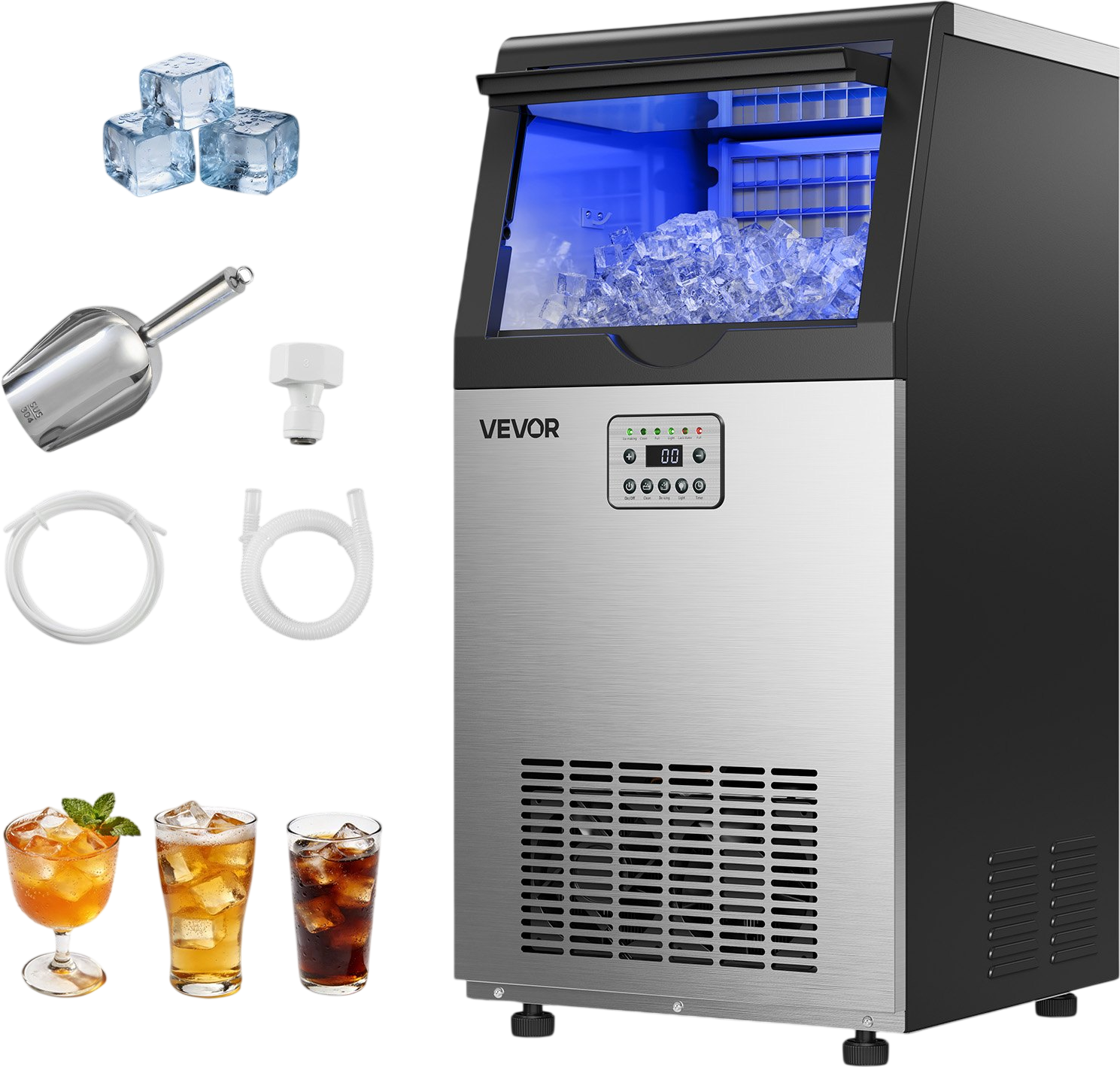 Vevor Commercial Ice Maker 100 lbs/24Hr with 30 lbs Storage LED Display Self-Cleaning New