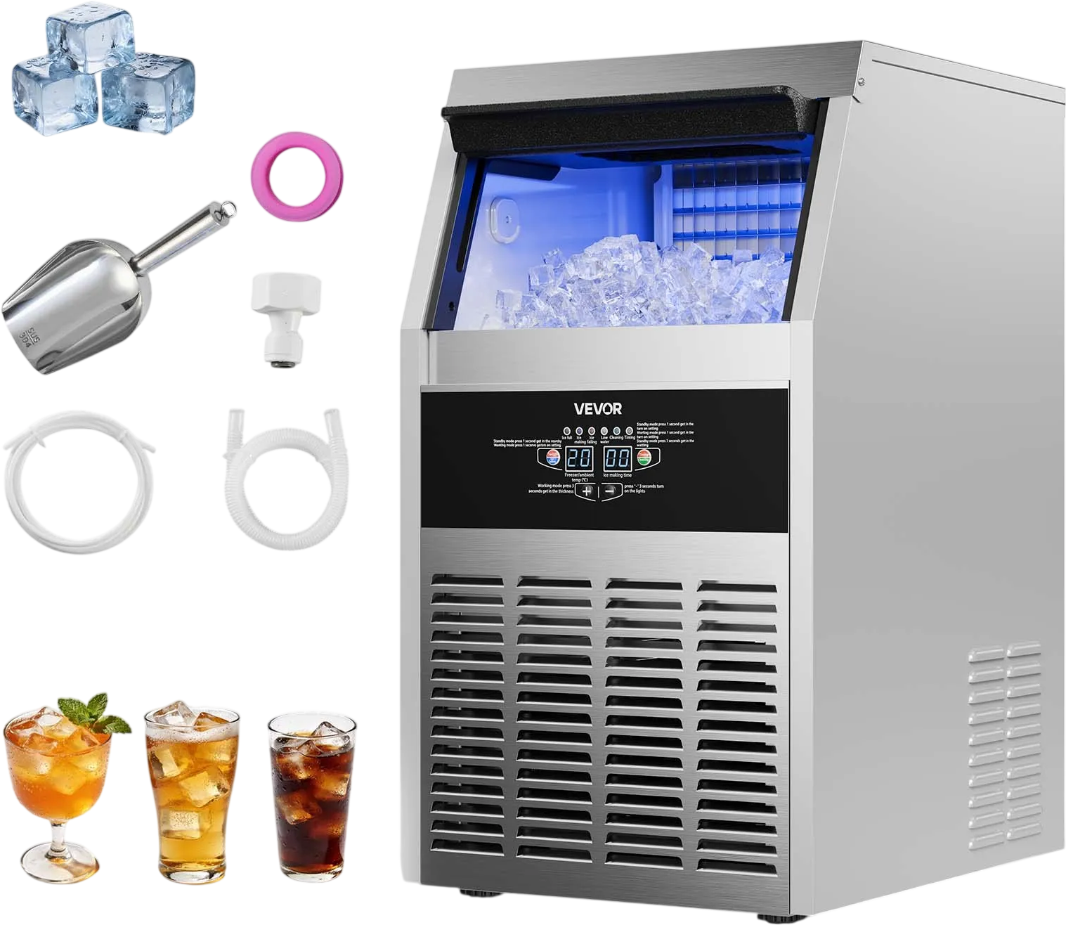 Vevor Commercial Ice Maker 130 lbs/24h with 30 lbs. Storage LED Display Self-Cleaning New