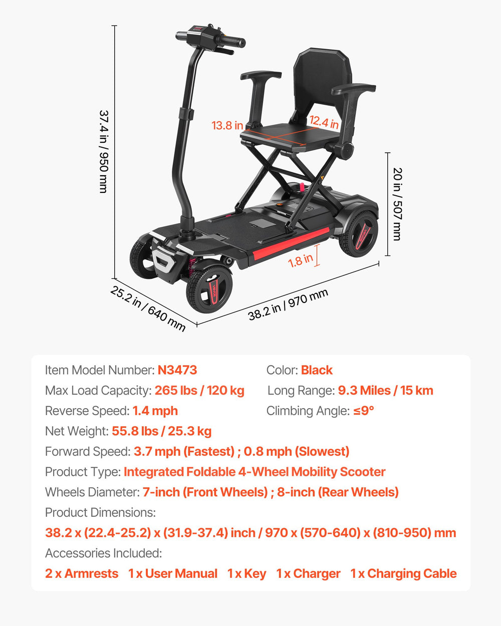 Vevor Mobility Scooter 4 Wheel Manual Folding 24V 3.7 MPH 9.3 Mile Range New