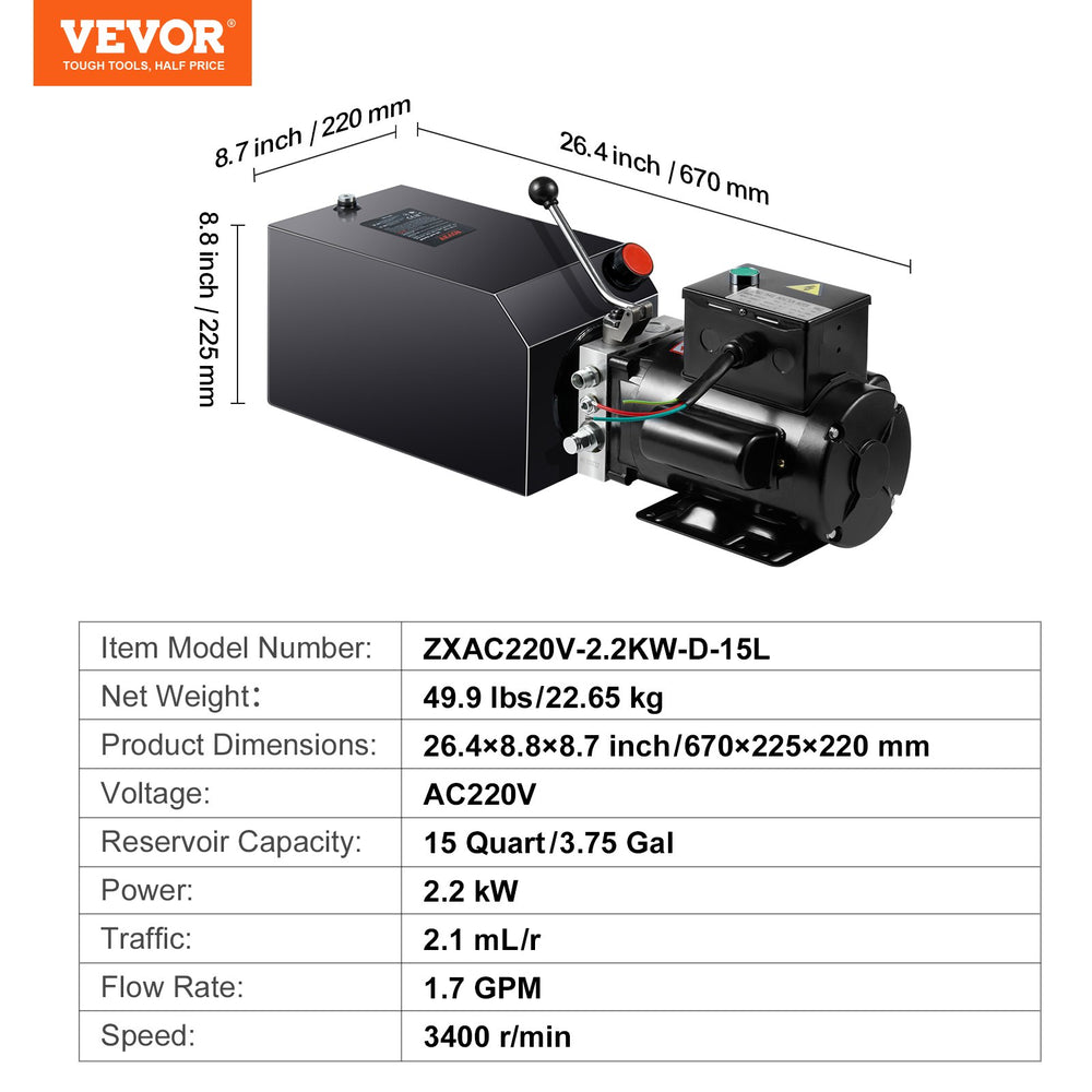 Vevor Hydraulic Pump 15 Quart Single Acting Power Unit 3200 PSI 220V New