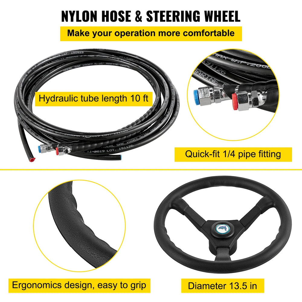 Vevor Hydraulic Boat Steering Kit 300 HP with 13.5" Wheel Helm Pump HK6310A-3 New