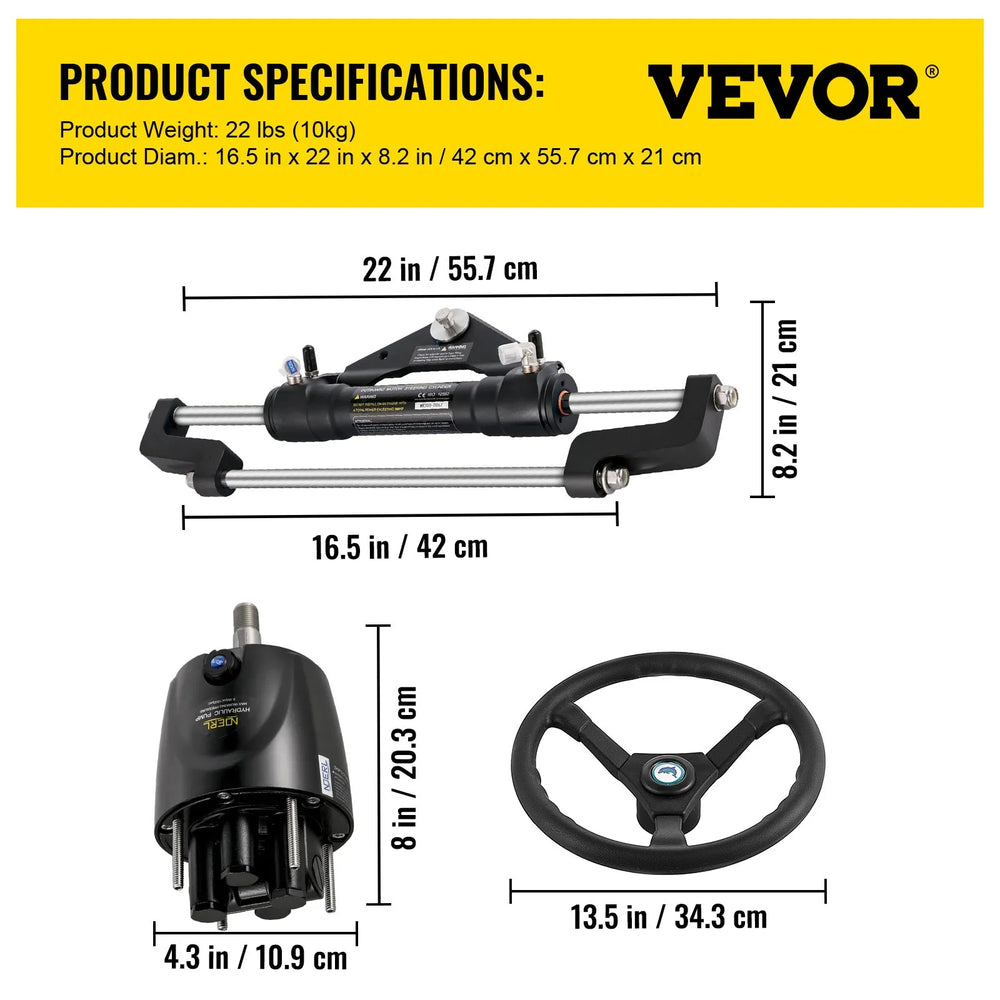 Vevor Hydraulic Boat Steering Kit 300 HP with 13.5" Wheel Helm Pump HK6310A-3 New
