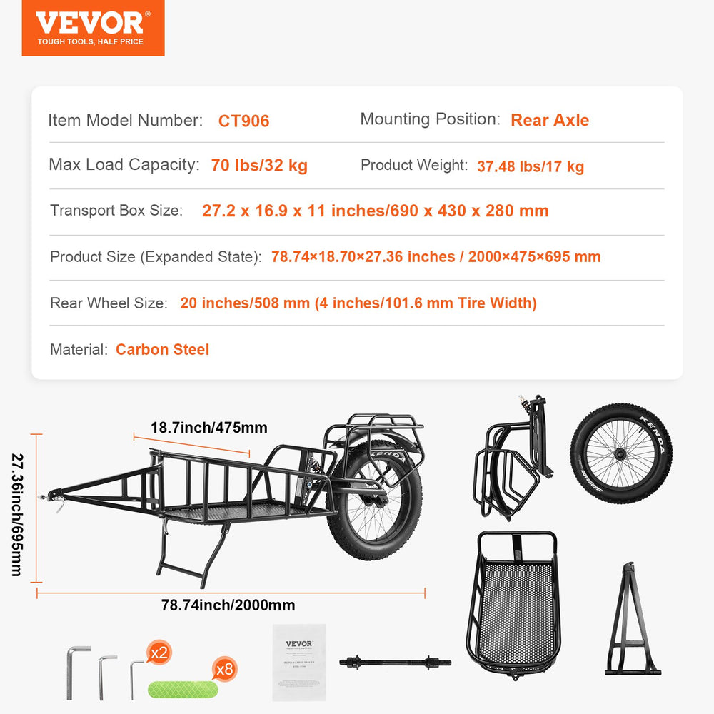 Vevor Bike Cargo Trailer Single Wheel Wagon Cart with Universal Hitch 70 Lbs Capacity New