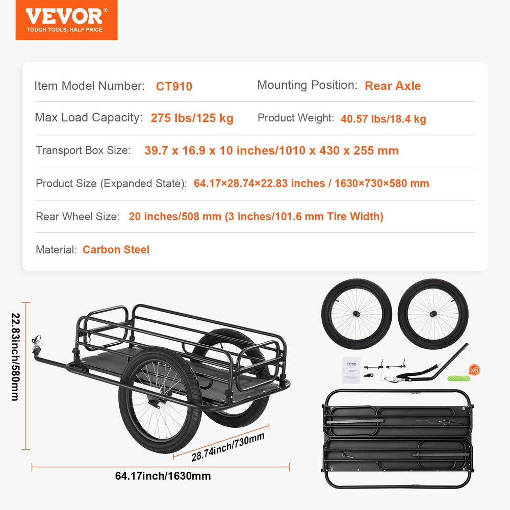 Vevor Bike Cargo Trailer Foldable Wagon Cart with Universal Hitch 275 Lbs Capacity New