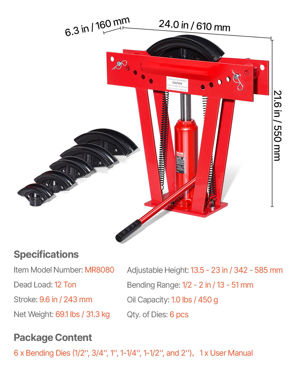 Vevor Hydraulic Pipe Bender 12 Ton Manual Tool with 6 Dies New