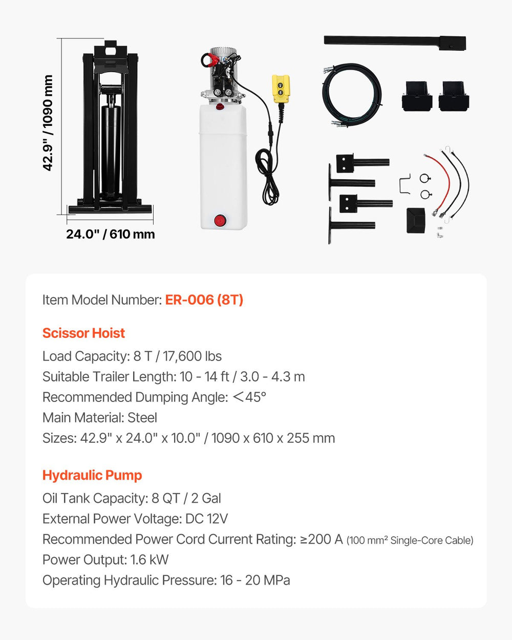 Vevor Hydraulic Dump Lift Kit for Trailers 8T Scissor Hoist New