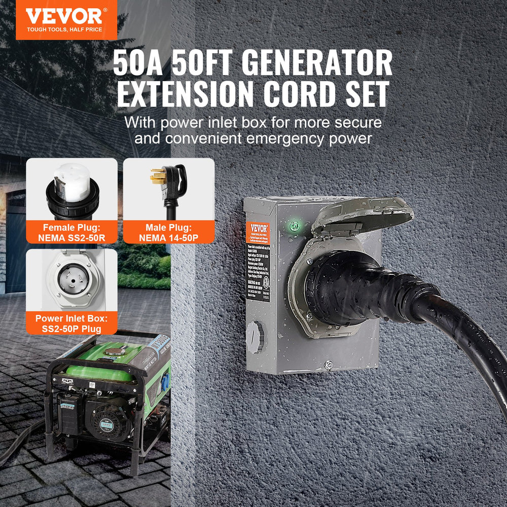 Vevor Generator Power Cord and Inlet Box 50 Ft. 50 Amp NEMA 14-50P/SS2-50R with Twist Lock Connector New