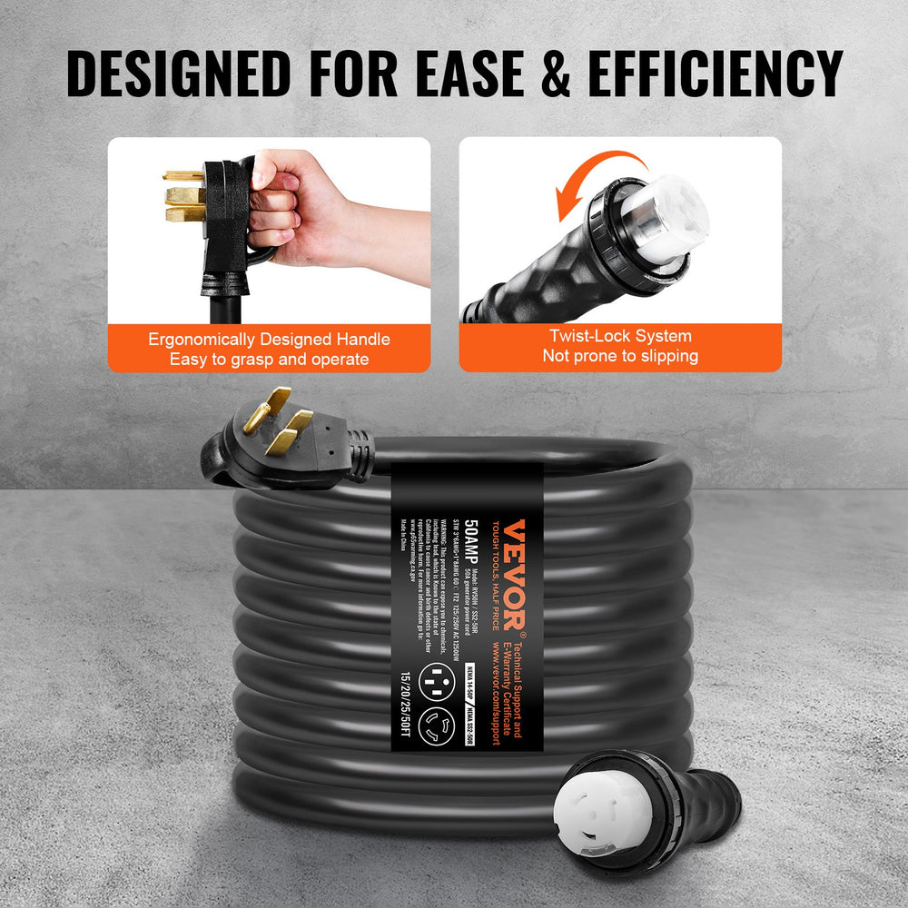 Vevor Generator Power Cord and Inlet Box 50 Ft. 50 Amp NEMA 14-50P/SS2-50R with Twist Lock Connector New