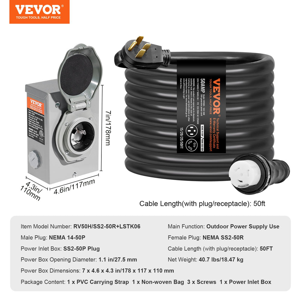 Vevor Generator Power Cord and Inlet Box 50 Ft. 50 Amp NEMA 14-50P/SS2-50R with Twist Lock Connector New