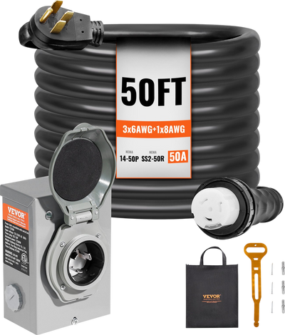 Vevor Generator Power Cord and Inlet Box 50 Ft. 50 Amp NEMA 14-50P/SS2-50R with Twist Lock Connector New