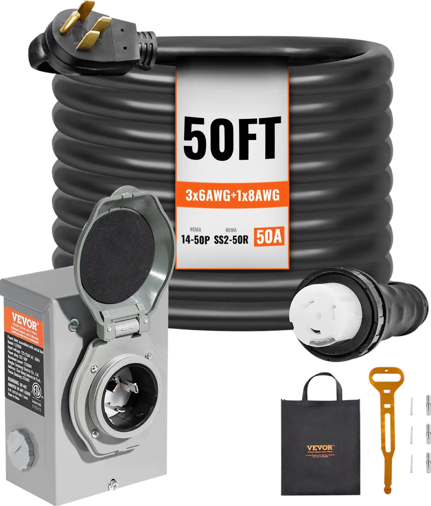 Vevor Generator Power Cord and Inlet Box 50 Ft. 50 Amp NEMA 14-50P/SS2-50R with Twist Lock Connector New