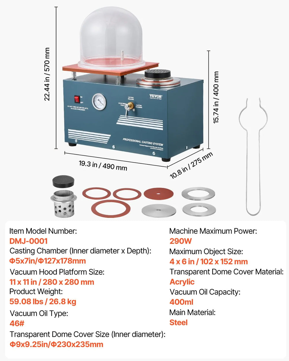 Vevor Vacuum Casting Machine 11" x 11" with 3 CFM Pump and Bell Jar 290W New