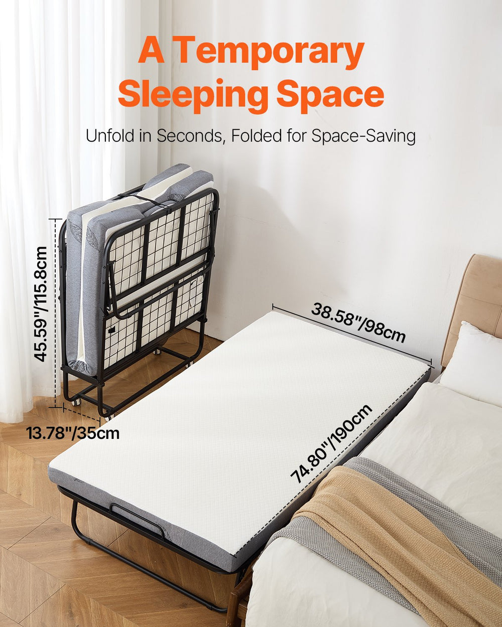Vevor Rollaway Folding Bed 75" x 38" with 4" Foam Mattress New
