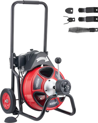 Vevor Drain Cleaner 50 ft x 3/8 in Auto Feed Closed Drum with Air Foot Switch 4 Cutters New
