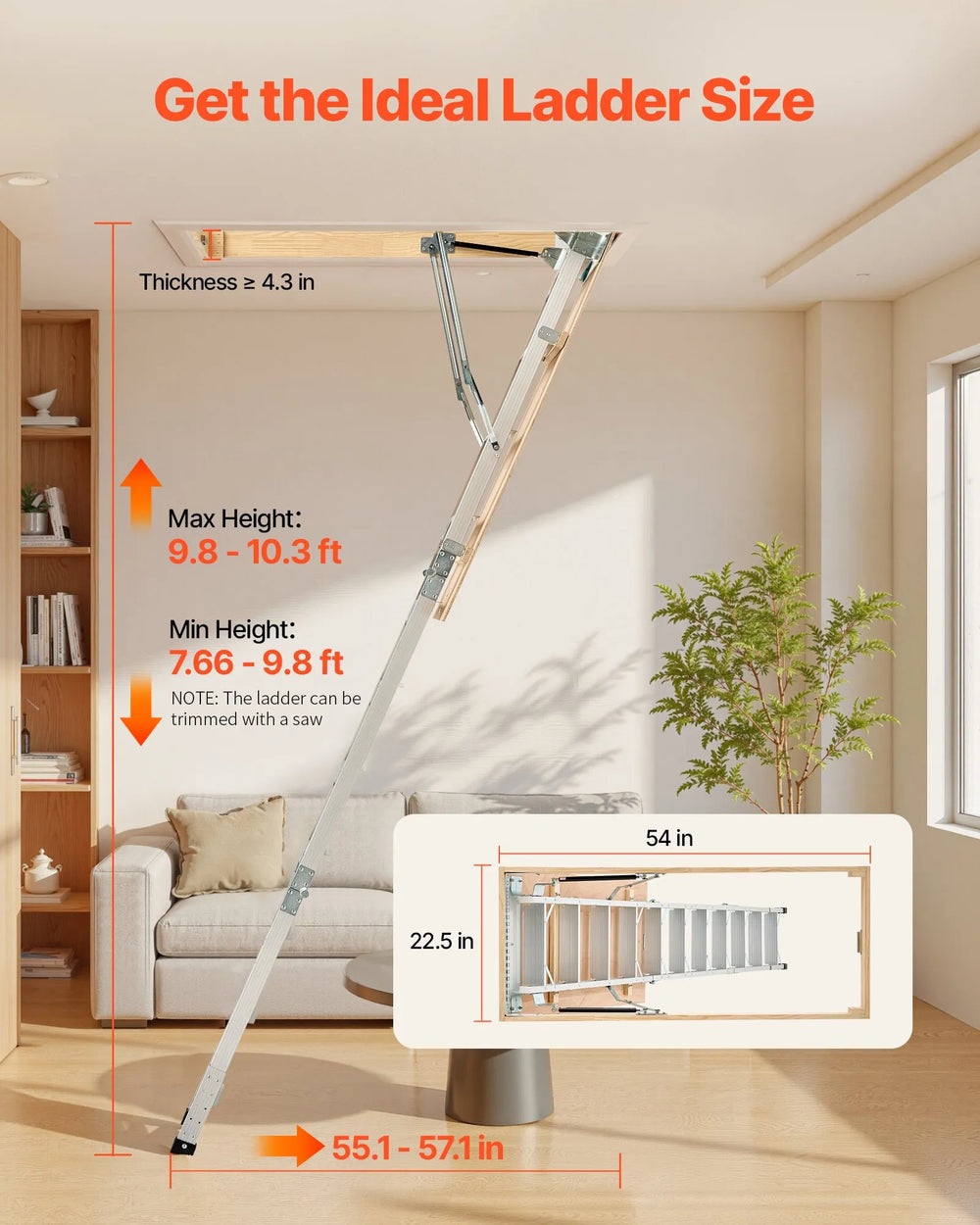 Vevor Attic Ladder Height Adjustable Foldable Aluminum Alloy 375 lbs. Capacity New