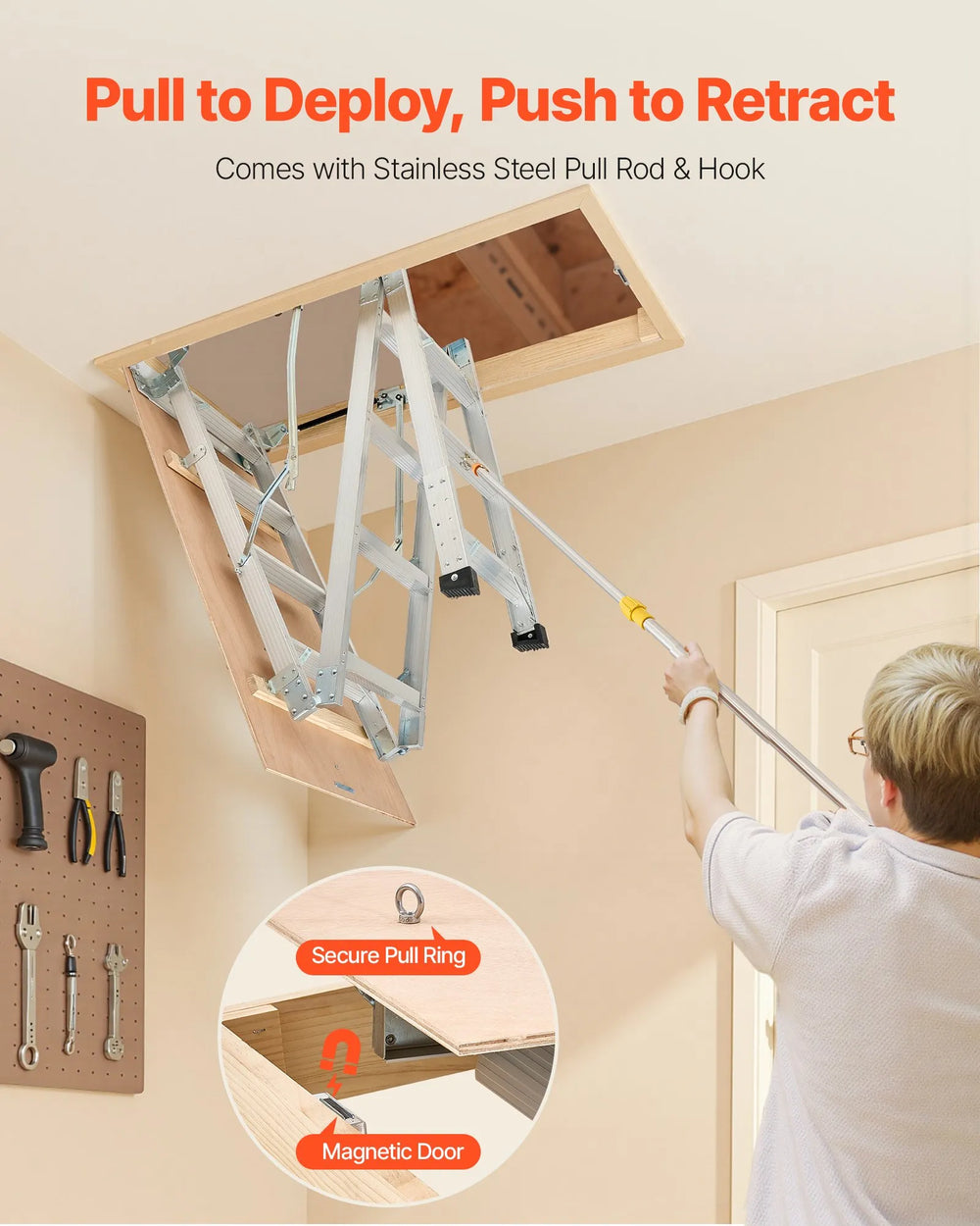 Vevor Attic Ladder Height Adjustable Foldable Aluminum Alloy 375 lbs. Capacity New