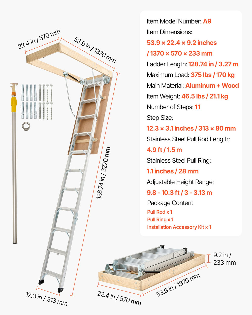 Vevor Attic Ladder Height Adjustable Foldable Aluminum Alloy 375 lbs. Capacity New