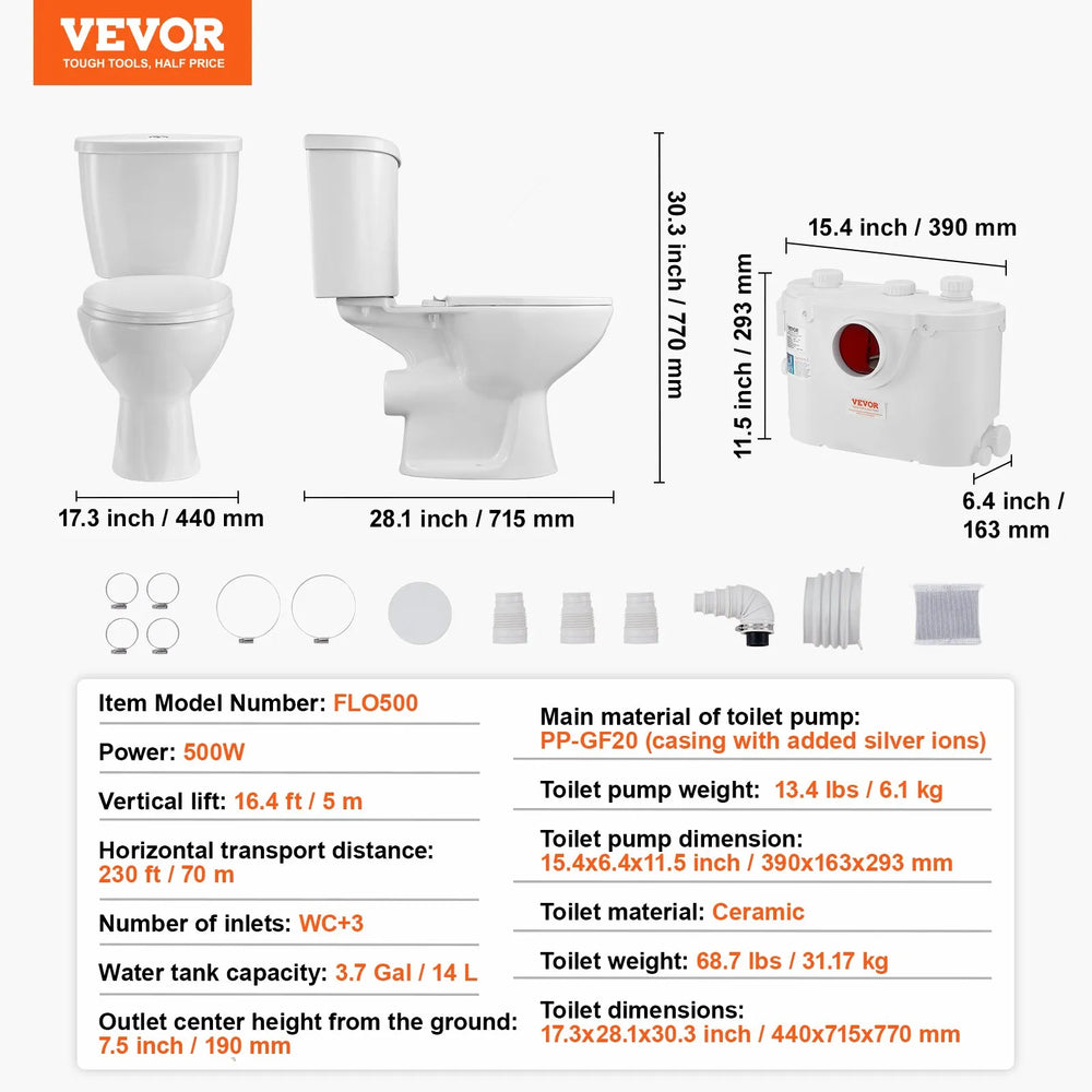 Vevor Upflush Macerating Toilet System with 500W Pump for Basement New