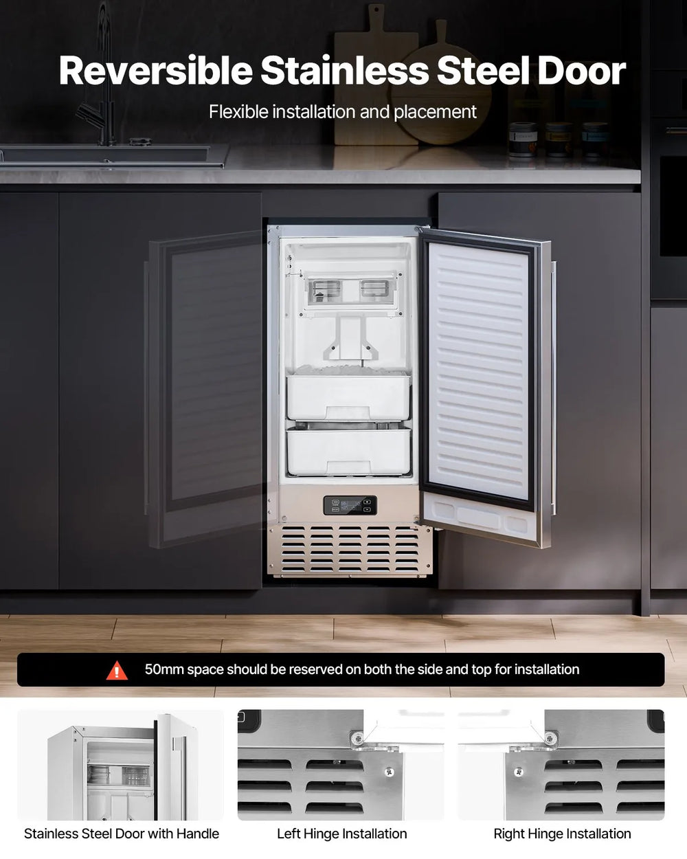 Vevor Undercounter Nugget Ice Maker 66 Lbs/Day Stainless Steel with Drain Pump New