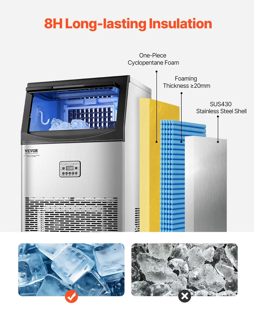 Vevor Ice Maker Machine 90 lbs/24H with 33 lbs Storage Drain Pump Self-Cleaning New