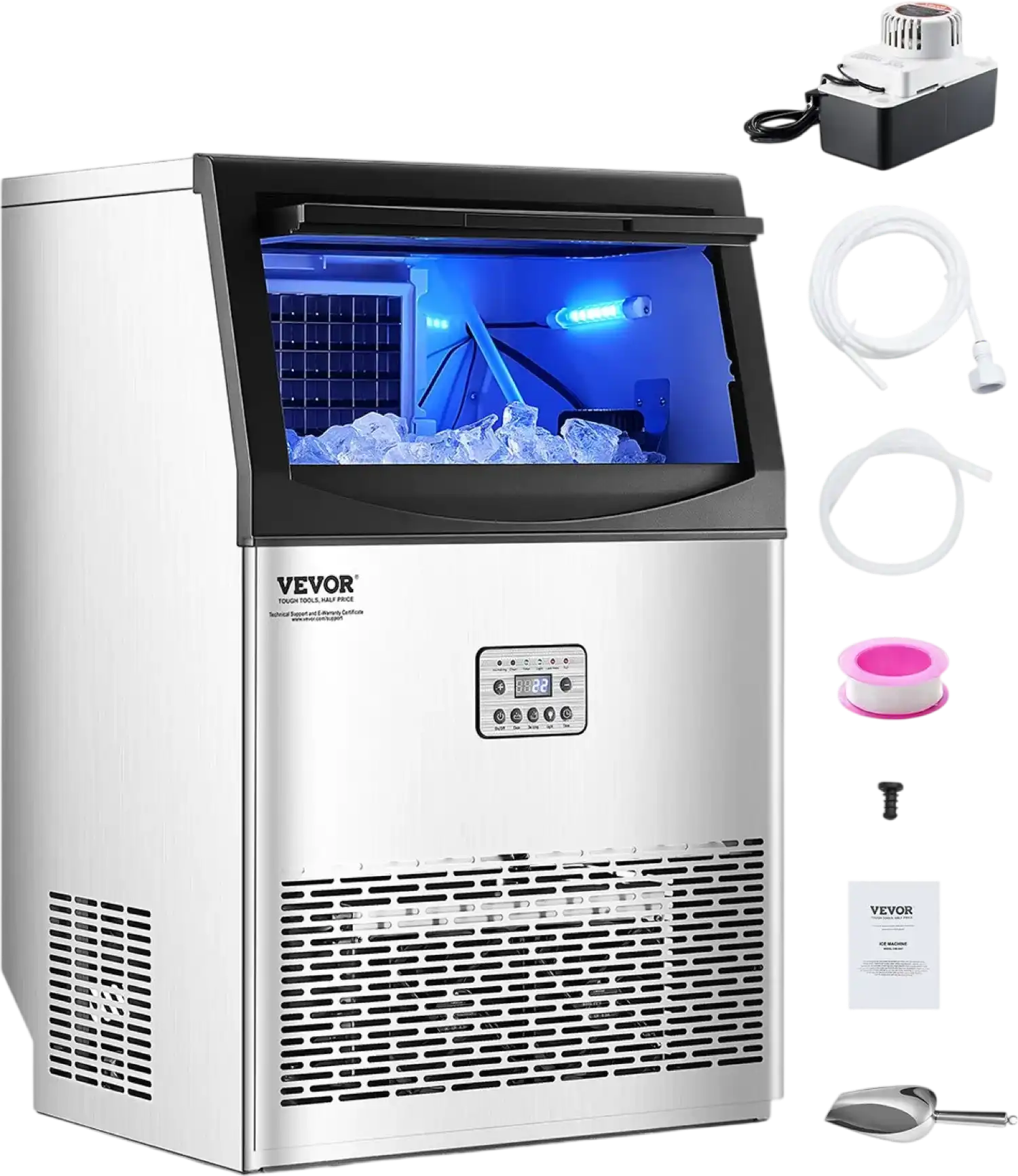 Vevor Ice Maker Machine 90 lbs/24H with 33 lbs Storage Drain Pump Self-Cleaning New