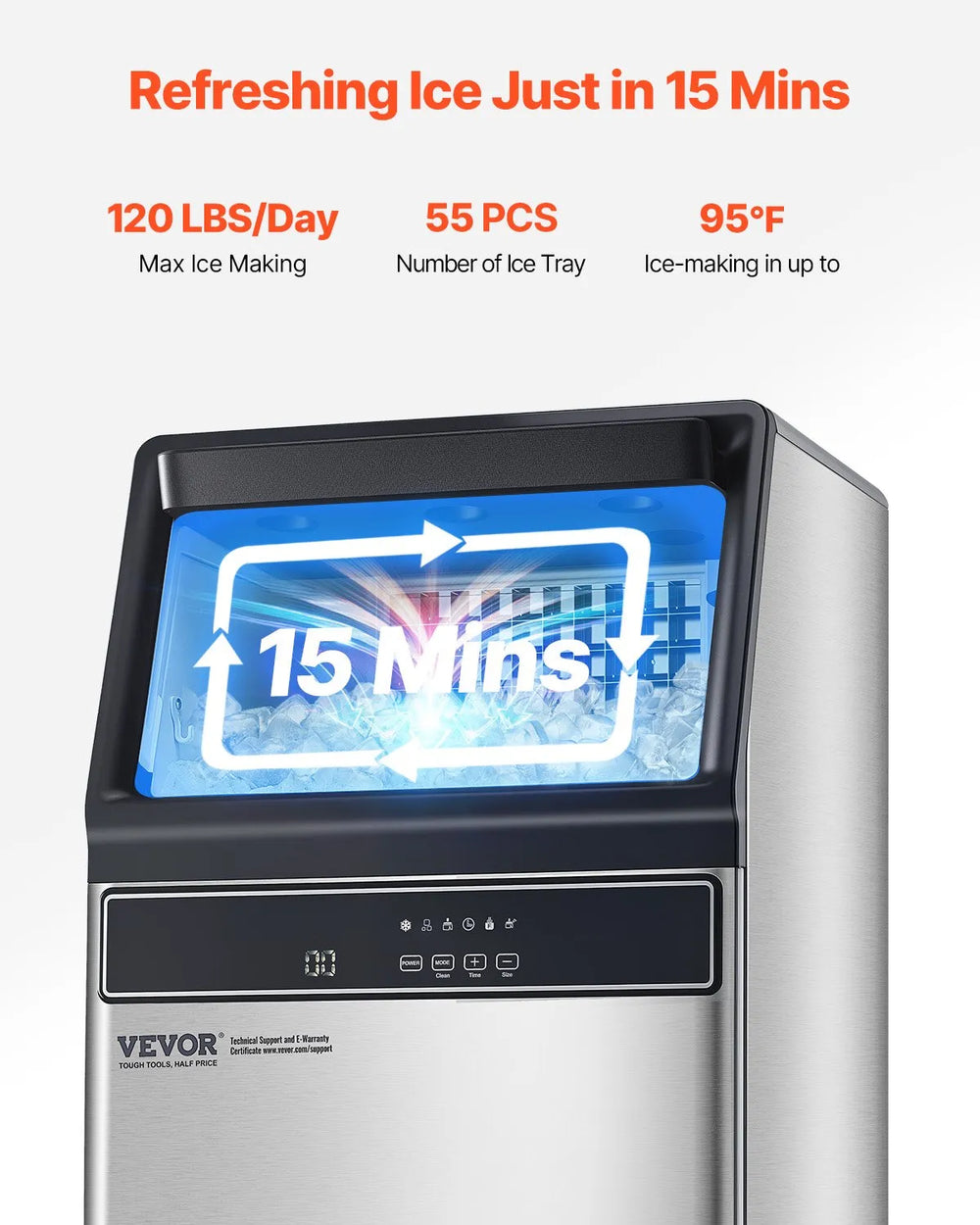 Vevor Commercial Ice Maker 120 lbs/24H with Drain Pump 33 lbs Storage Self-Cleaning New