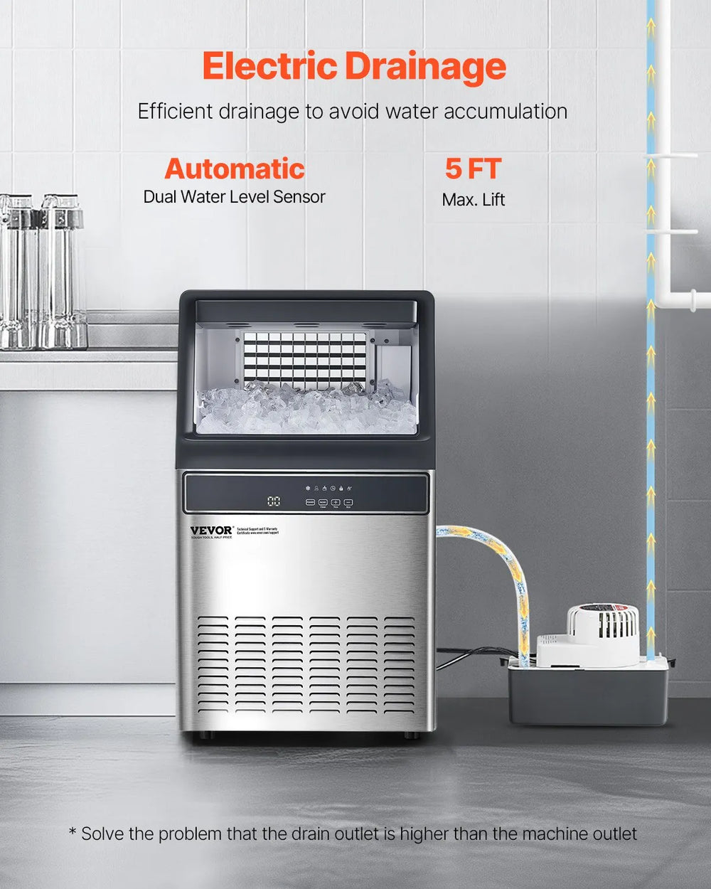 Vevor Commercial Ice Maker 120 lbs/24H with Drain Pump 33 lbs Storage Self-Cleaning New