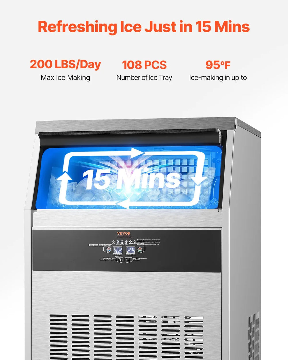 Vevor Commercial Ice Maker 200 Lbs/Day 66 Lbs Storage Capacity Self-Cleaning New