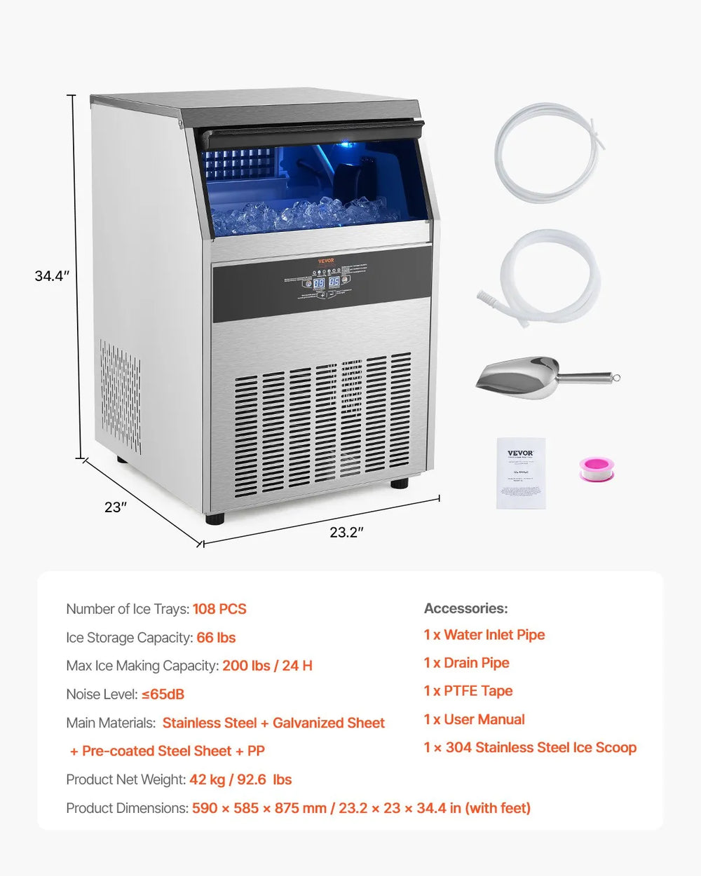 Vevor Commercial Ice Maker 200 Lbs/Day 66 Lbs Storage Capacity Self-Cleaning New