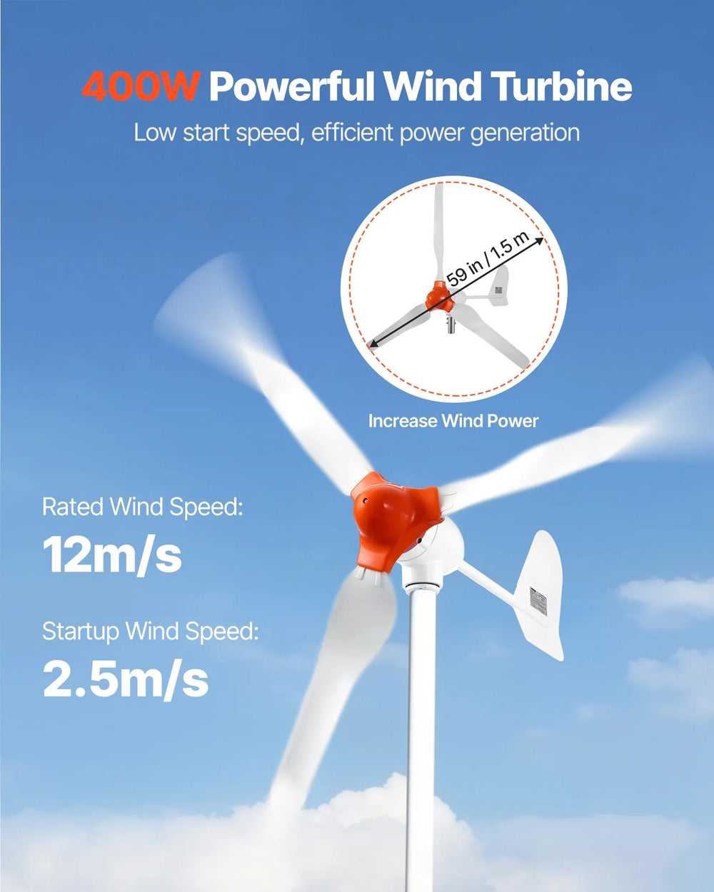 Vevor Solar Wind Power Kit 600W 12V with 2 100W Solar Panels 400W Wind Turbine New