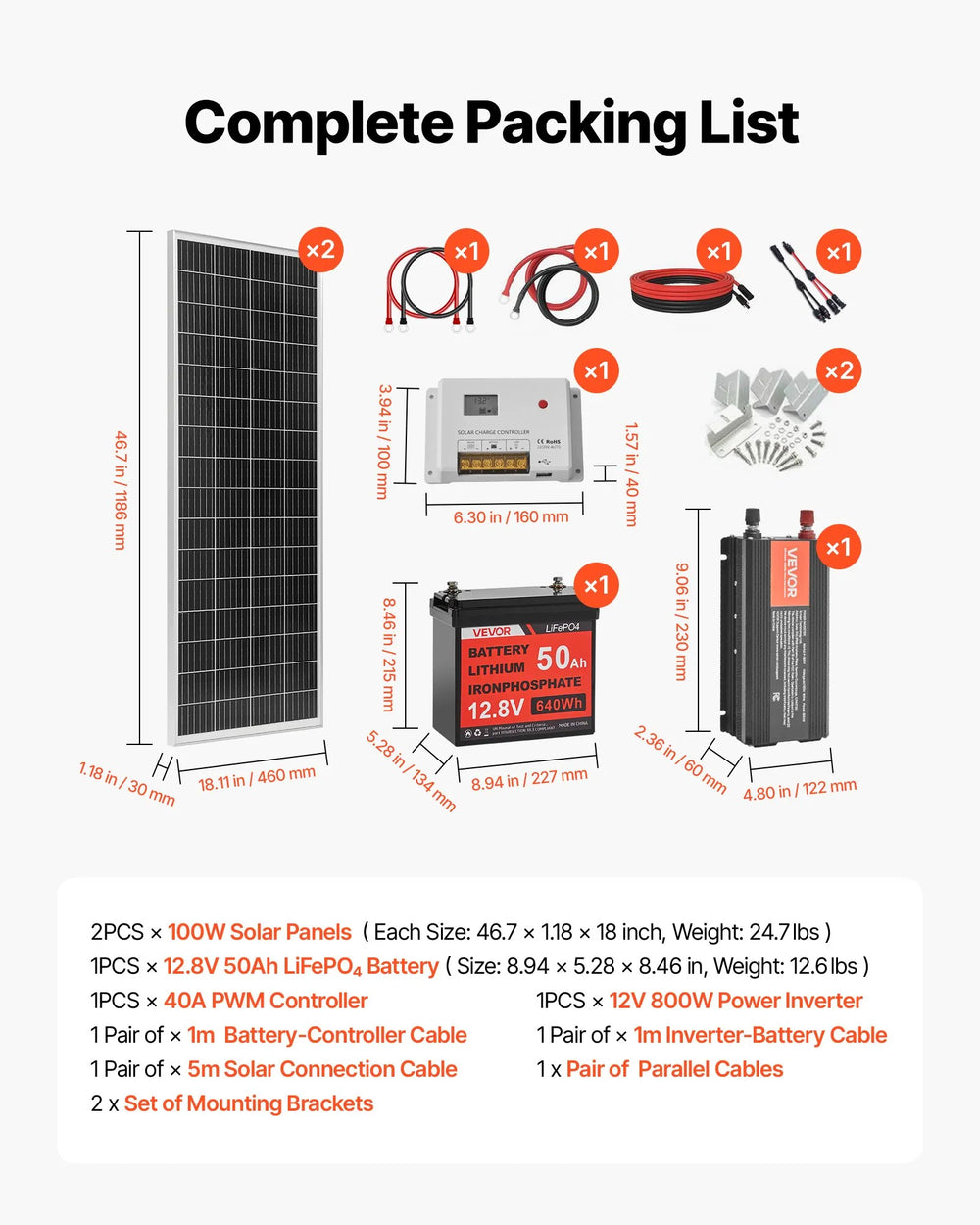 Vevor Solar Power Kit 200W 12V with 2 100W Panels LFP Battery 800W Inverter New